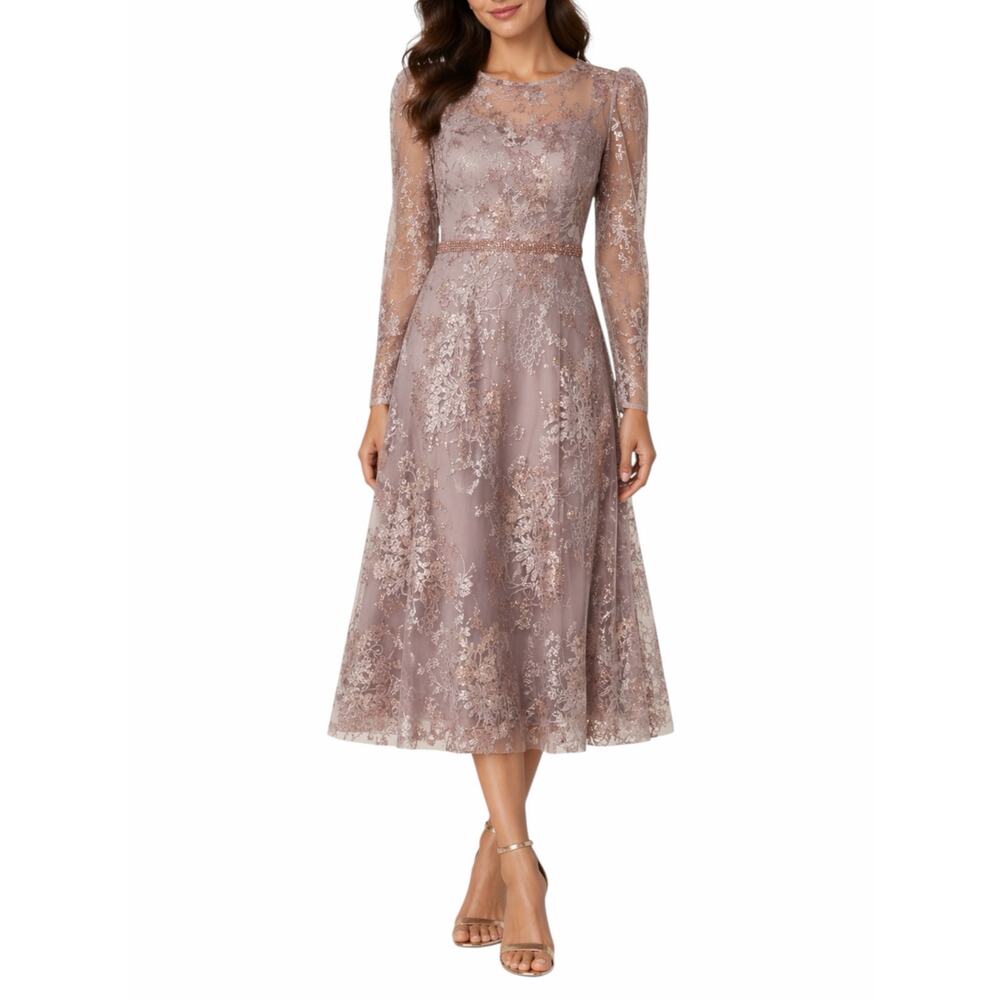 Mac Duggal Embellished Illusion Long Sleeve Midi Dress Rose Size 22 - Picture 1 of 13